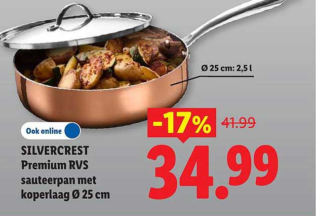 SILVERCREST Premium RVS sauteerpan met koperlaag Ø 25 cm -17%