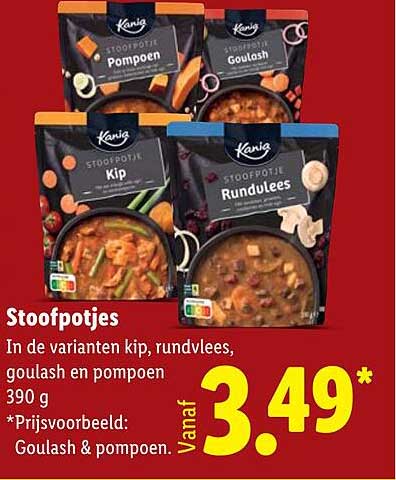 Stoofpotjes in de varianten kip, rundvlees, goulash en pompoen 390 g