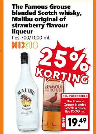 The Famous Grouse blended Scotch whisky, Malibu original of strawberry flavour likeur 25% KORTING