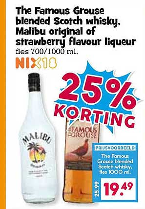 The Famous Grouse blended Scotch whisky. Malibu original of strawberry flavour likeur fles 700/1000 ml. 25% KORTING