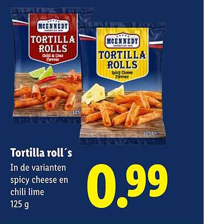 Tortilla roll's In de varianten spicy cheese en chili lime 125 g