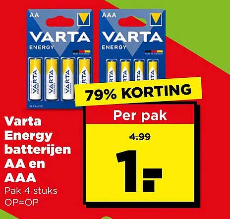 Varta Energy batterijen AA en AAA Pak 4 stuks OP=OP 79% KORTING