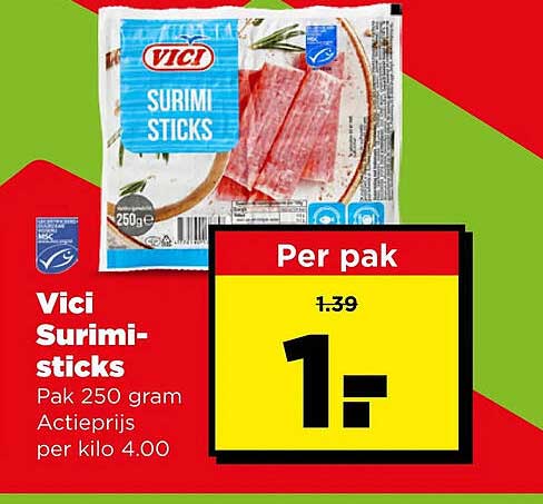 Vici Surimi-sticks Pak 250 gram Actieprijs per kilo 4.00