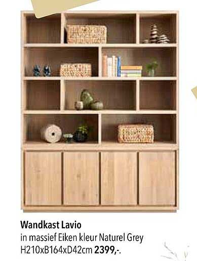 Wandkast Lavio in massief Eiken kleur Naturel Grey H210xB164xD42cm