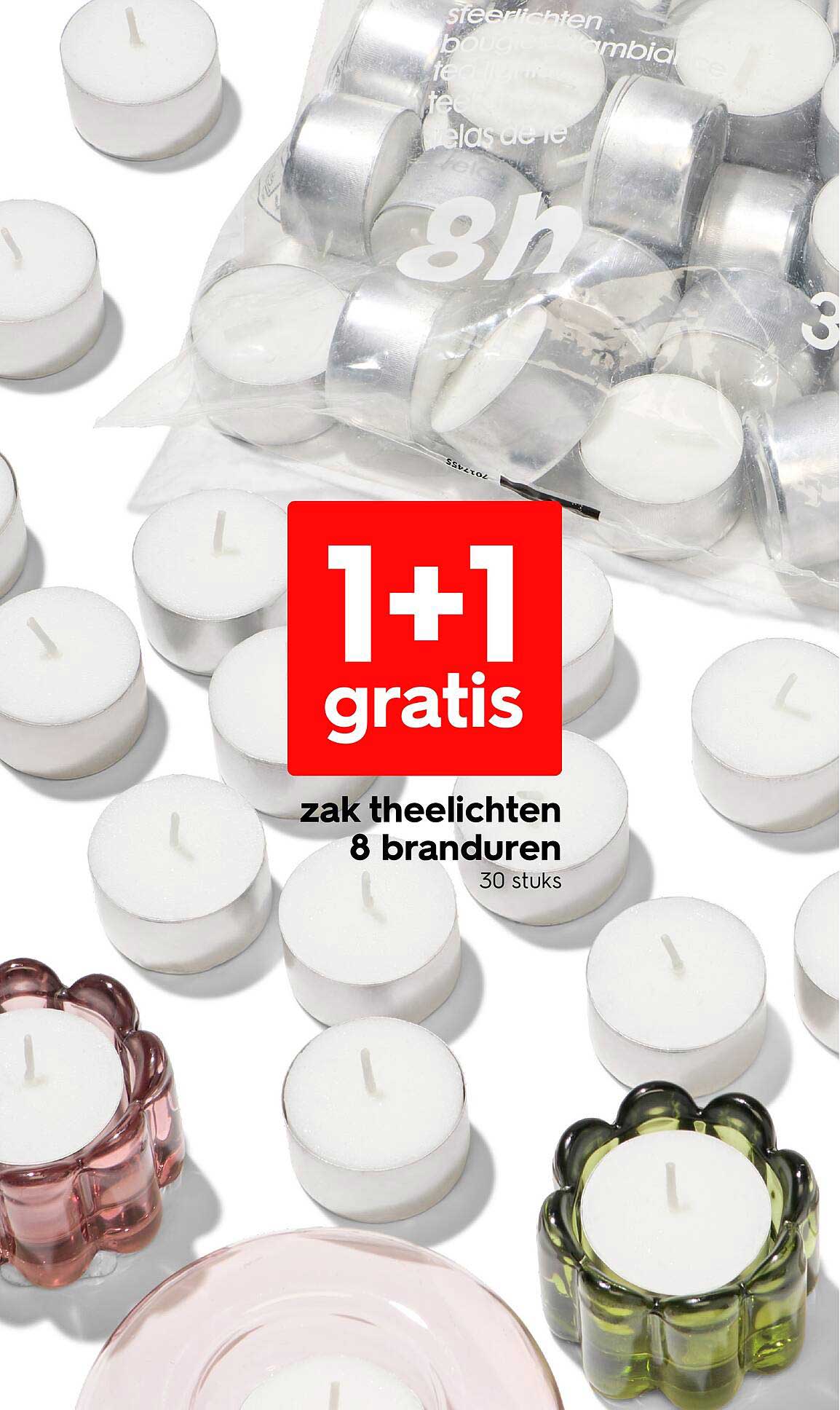 1+1 gratis zak theelichten 8 branduren 30 stuks