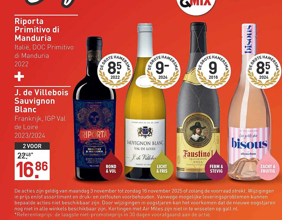 2 voor 16,86: Riporta Primitivo di Manduria + J. de Villebois Sauvignon Blanc