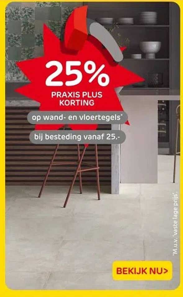 25% PRAKIS PLUS KORTING op wand- en vloertegels bij besteding vanaf 25.-