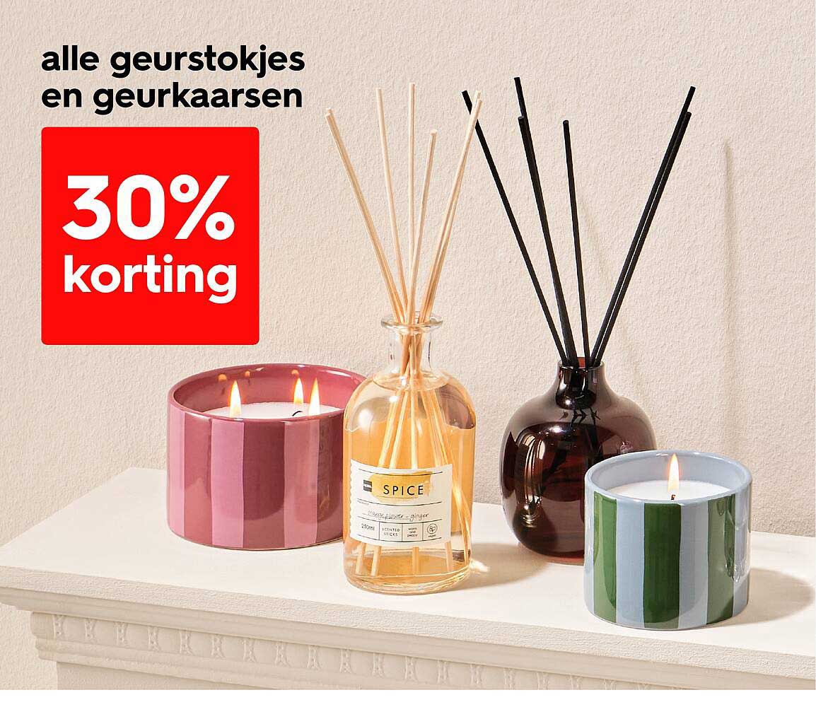 30% korting op alle geurstokjes en geurkaarsen