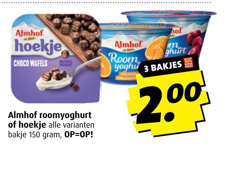 Almhof roomyoghurt of hoekje alle varianten bakje 150 gram, OP=OP!