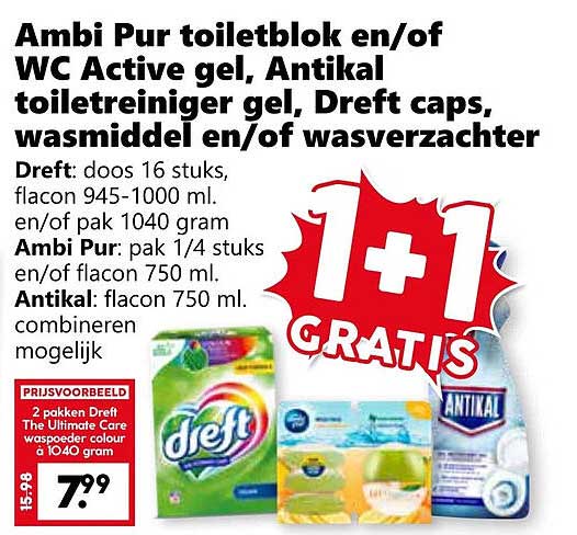 Ambi Pur toiletblok en/of WC Active gel, Antikal toiletreiniger gel, Dreft caps, wasmiddel en/of wasverzachter