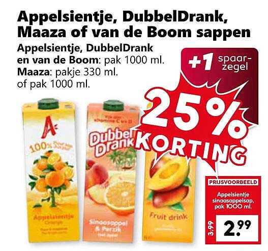 Appelsientje, DubbelDrank, Maaza of van de Boom sappen