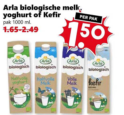 Arla biologische melk, yoghurt of Kefir pak 1000 ml.