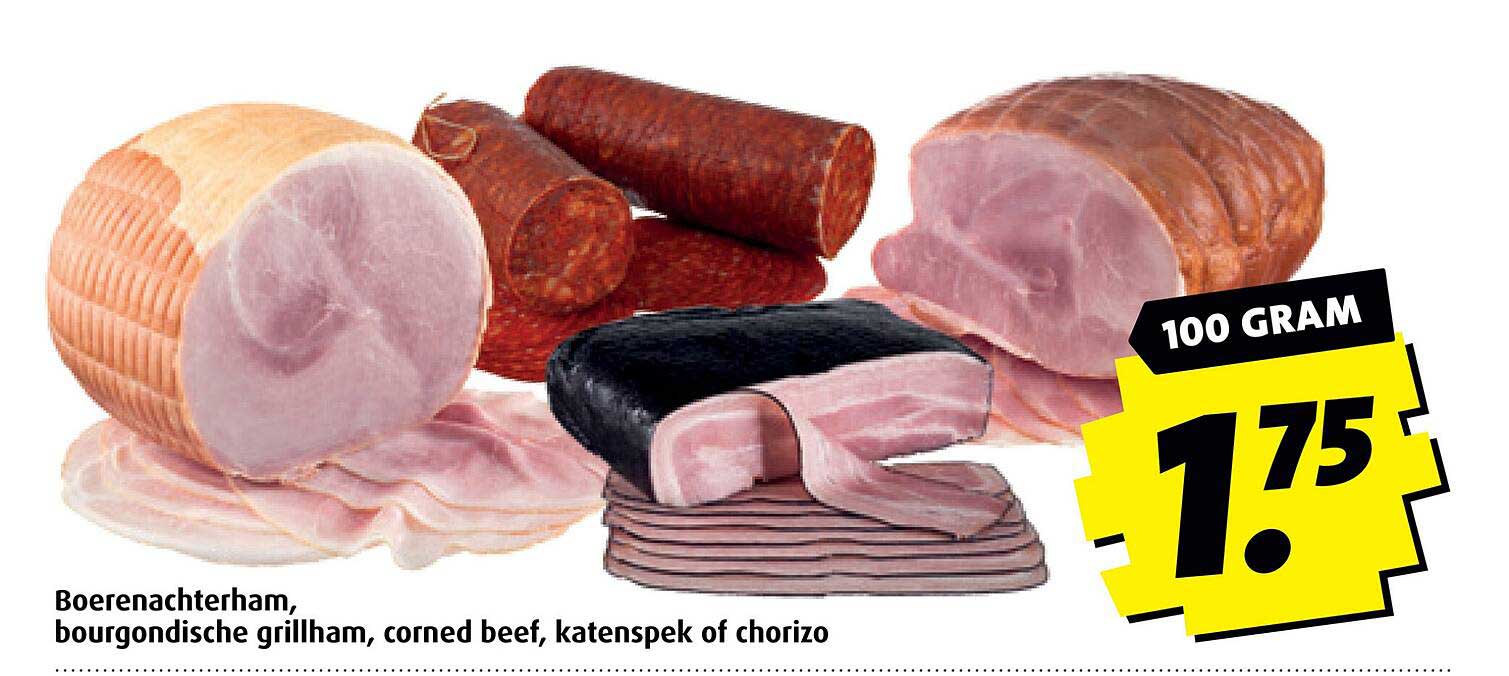 Boerenachterham, bourgondische grillham, corned beef, katenspek of chorizo