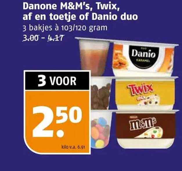 Danone M&M's, Twix, af en toetje of Danio duo - 3 bakjes à 103/120 gram