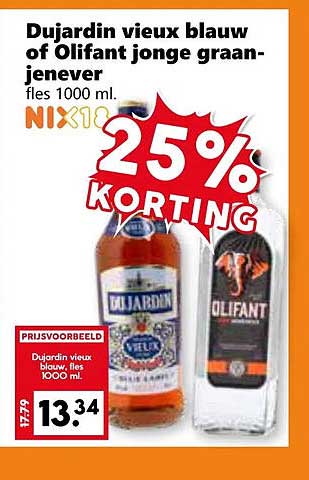 Dujardin vieux blauw of Olifant jonge graanjenever fles 1000 ml.