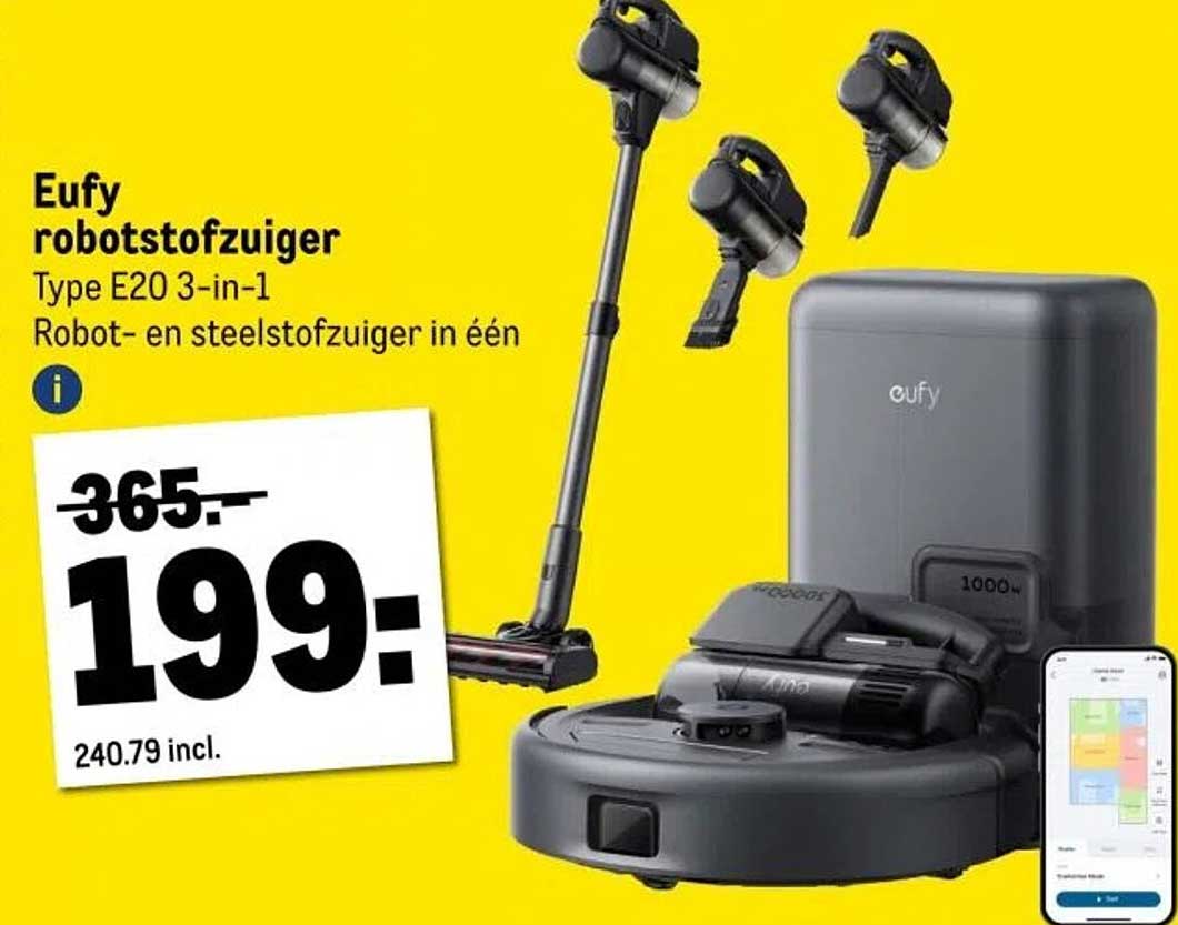 Eufy robotstofzuiger Type E20 3-in-1 Robot- en steelstofzuiger in één