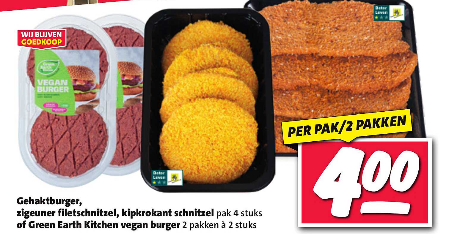 Gehaktburger, zigeuner filetschnitzel, kipkrokant schnitzel pak 4 stuks of Green Earth Kitchen vegan burger 2 pakken à 2 stuks