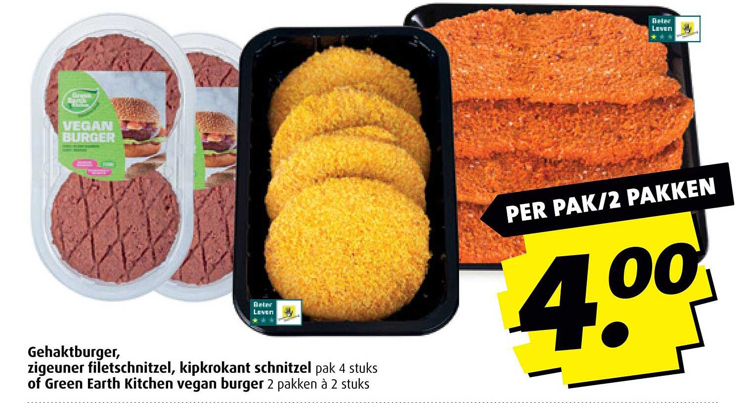 Gehaktburger, zigeuner filetschnitzel, kipkrokant schnitzel pak 4 stuks of Green Earth Kitchen vegan burger 2 pakken à 2 stuks