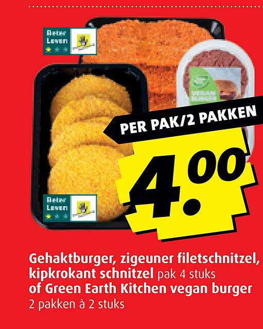 Gehaktburger, zigeuner filetschnitzel, kipkrokant schnitzel pak 4 stuks of Green Earth Kitchen vegan burger 2 pakken à 2 stuks