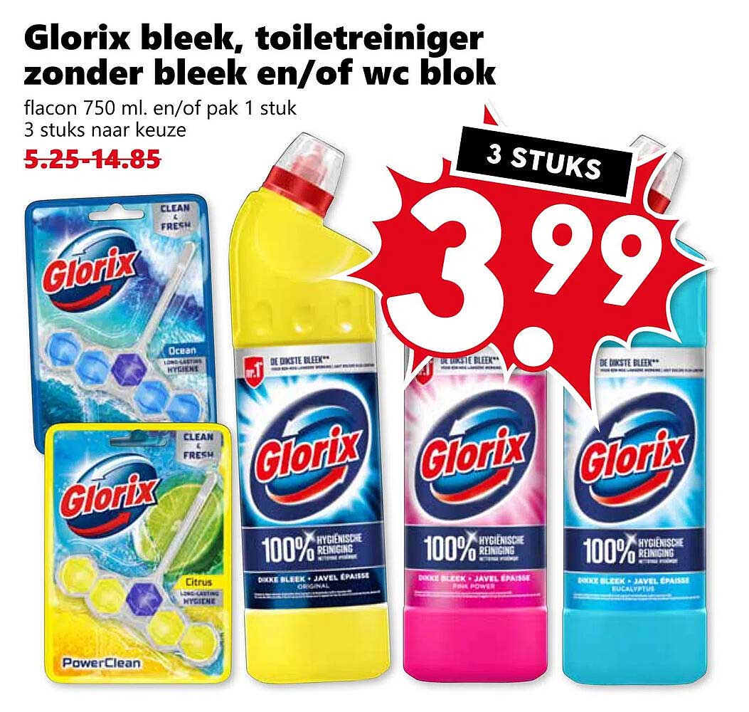 Glorix bleek, toiletreiniger zonder bleek en/of wc blok