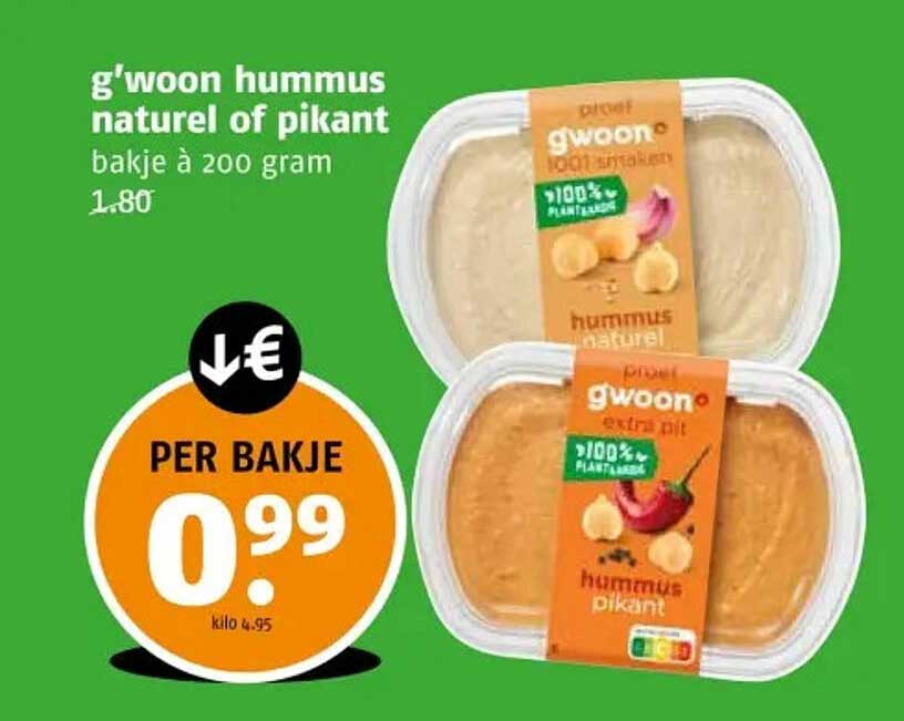 g'woon hummus naturel of pikant bakje à 200 gram