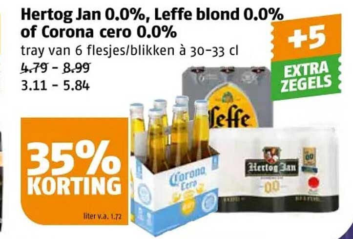Hertog Jan 0.0%, Leffe blond 0.0% of Corona cero 0.0%