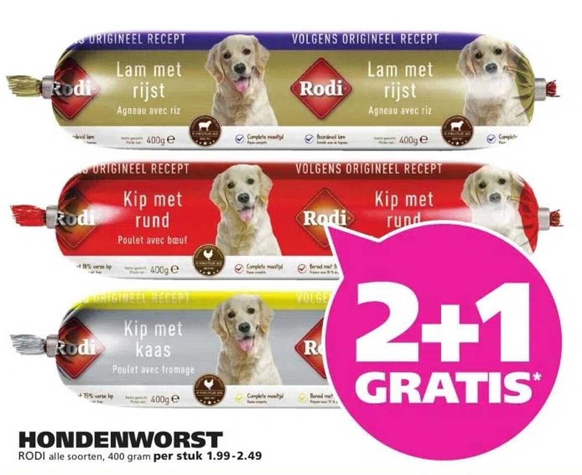 HONDENWORST RODI alle soorten, 400 gram per stuk 1.99-2.49