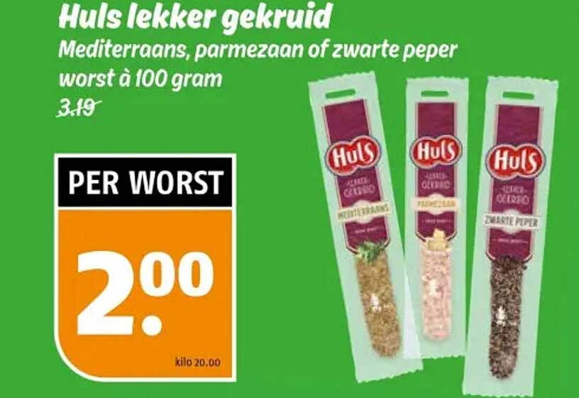 Huls lekker gekruid Mediterrraans, parmezaan of zwarte peper worst à 100 gram