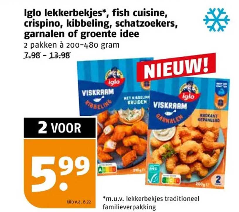 Iglo lekkerbekjes*, fish cuisine, crispino, kibbeling, schatzoekers, garnalen of groente idee