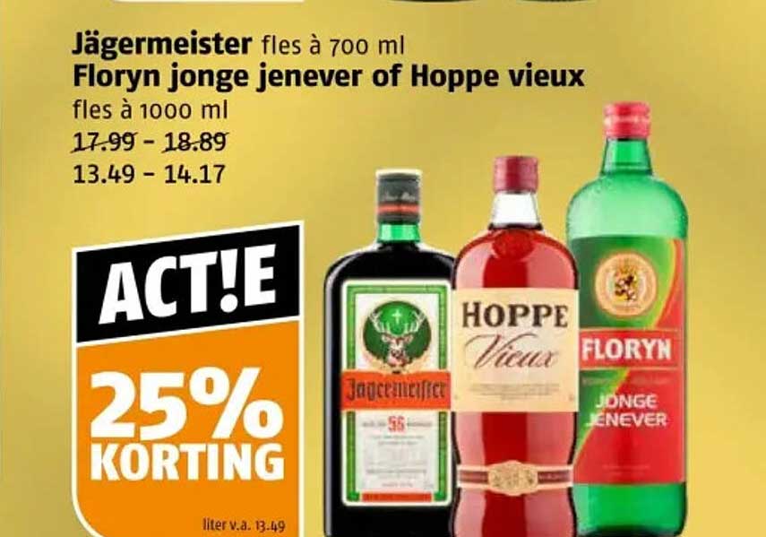 Jägermeister fles à 700 ml Florijn jonge jenever of Hoppe vieux fles à 1000 ml