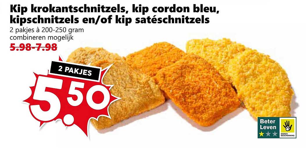 Kip krokantschnitzels, kip cordon bleu, kipschnitzels en/of kip satéschnitzels