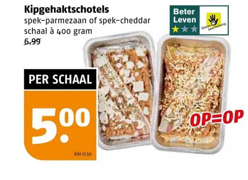 Kipgehaktschotels spek-parmezaan of spek-cheddar schaal à 400 gram