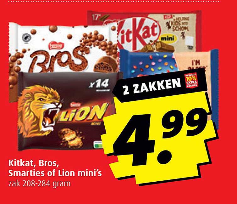 Kitkat, Bros, Smarties of Lion mini’s zak 208-284 gram
