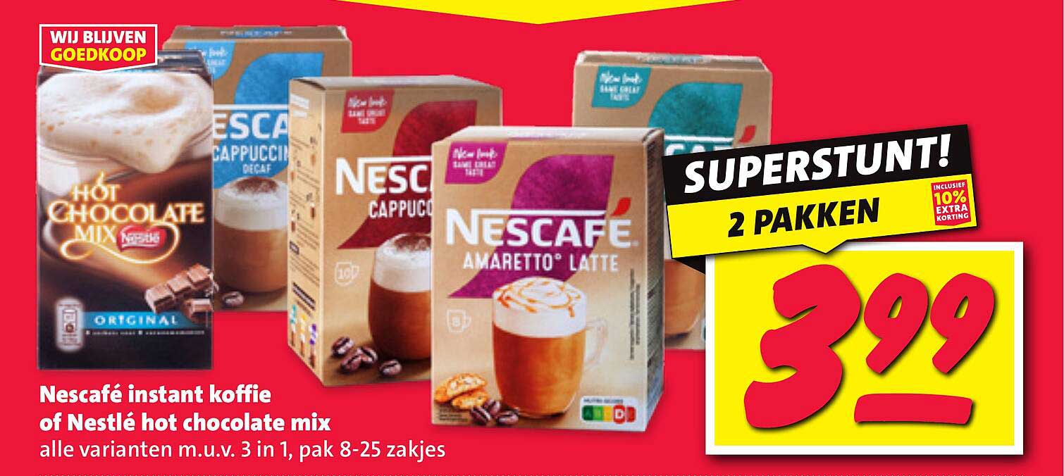 Nescafé instant koffie of Nestlé hot chocolate mix