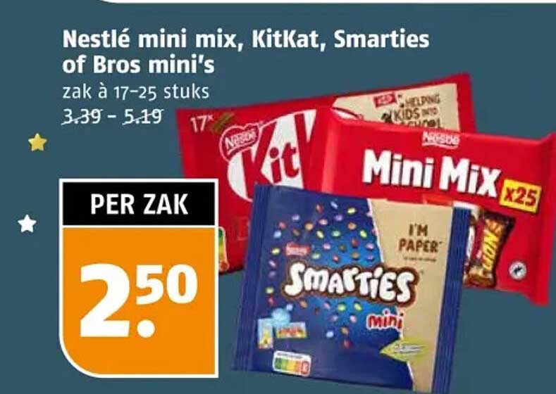 Nestlé mini mix, KitKat, Smarties of Bros mini's