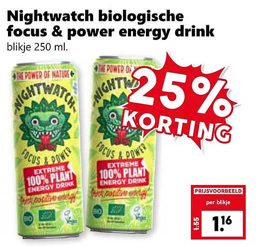 Nightwatch biologische focus & power energy drink blikje 250 ml.