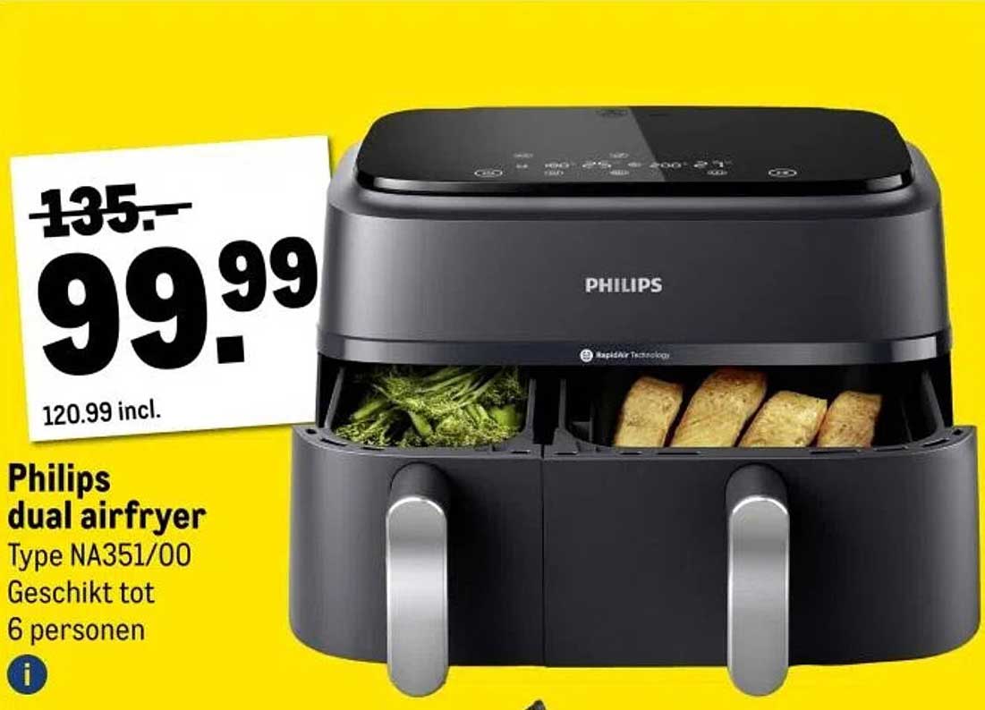 Philips dual airfryer Type NA351/00 Geschikt tot 6 personen