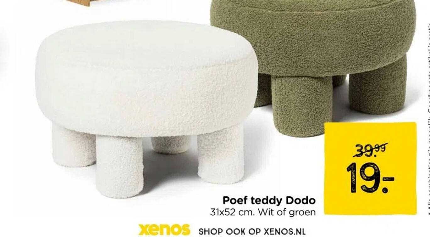 Poef teddy Dodo 31x52 cm. Wit of groen