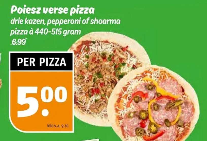 Poiesz verse pizza drie kazen, pepperoni of shoarma pizza à 440-515 gram