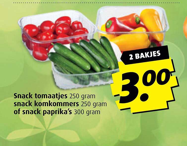 Snack tomaatjes 250 gram, snack komkommers 250 gram of snack paprika’s 300 gram