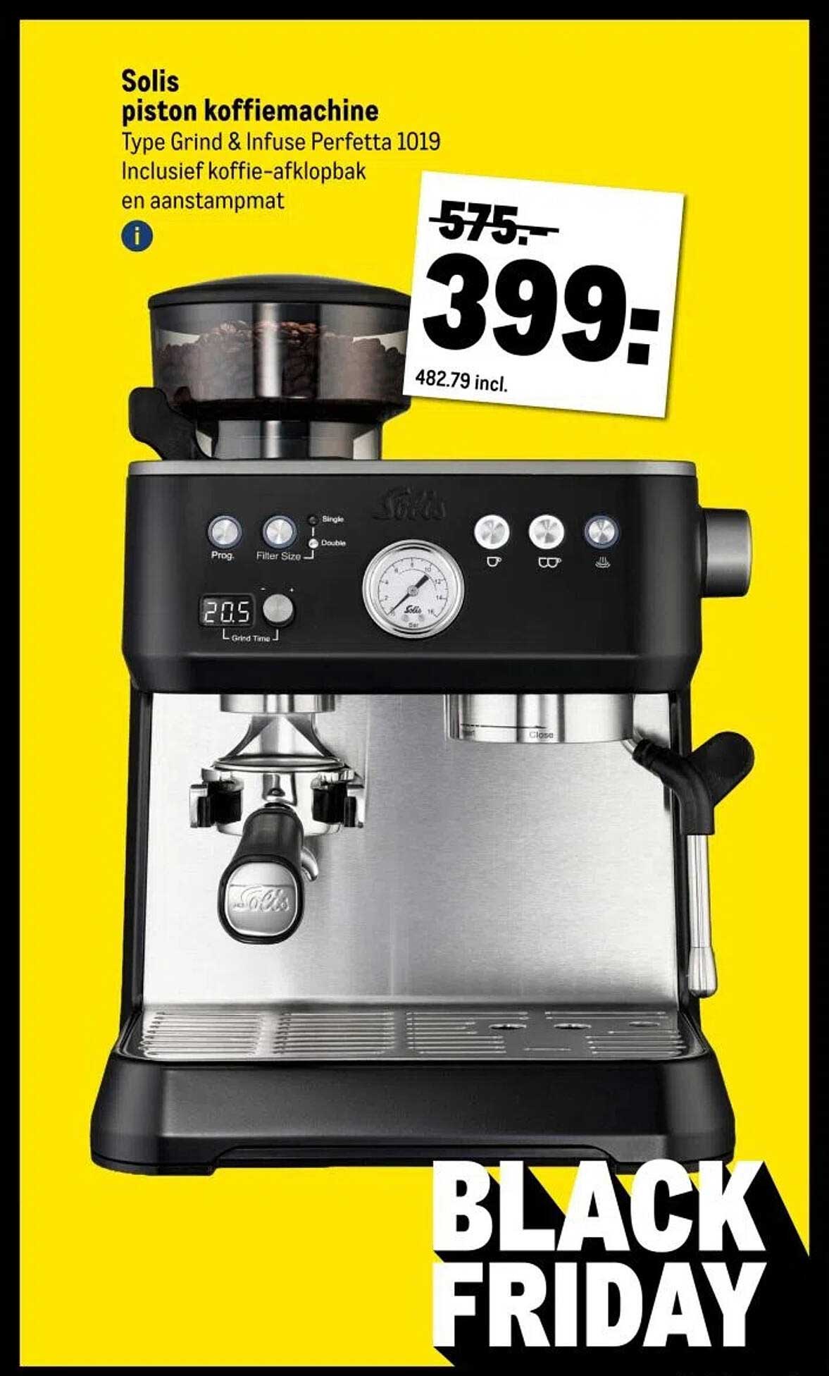 Solis piston koffiemachine Type Grind & Infuse Perfetta 1019 Inclusief koffie-afklopbak en aanstamptmat