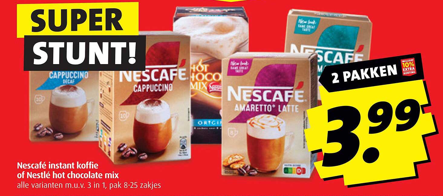 SUPER STUNT! Nescafé instant koffie of Nestlé hot chocolate mix