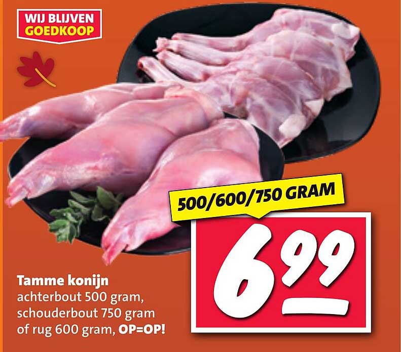 Tamme konijn achterbout 500 gram, schouderbout 750 gram of rug 600 gram, OP=OP!