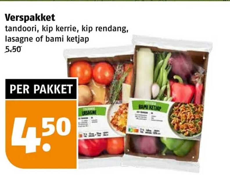 Verspakket tandoori, kip kerrie, kip rendang, lasagne of bami ketjap