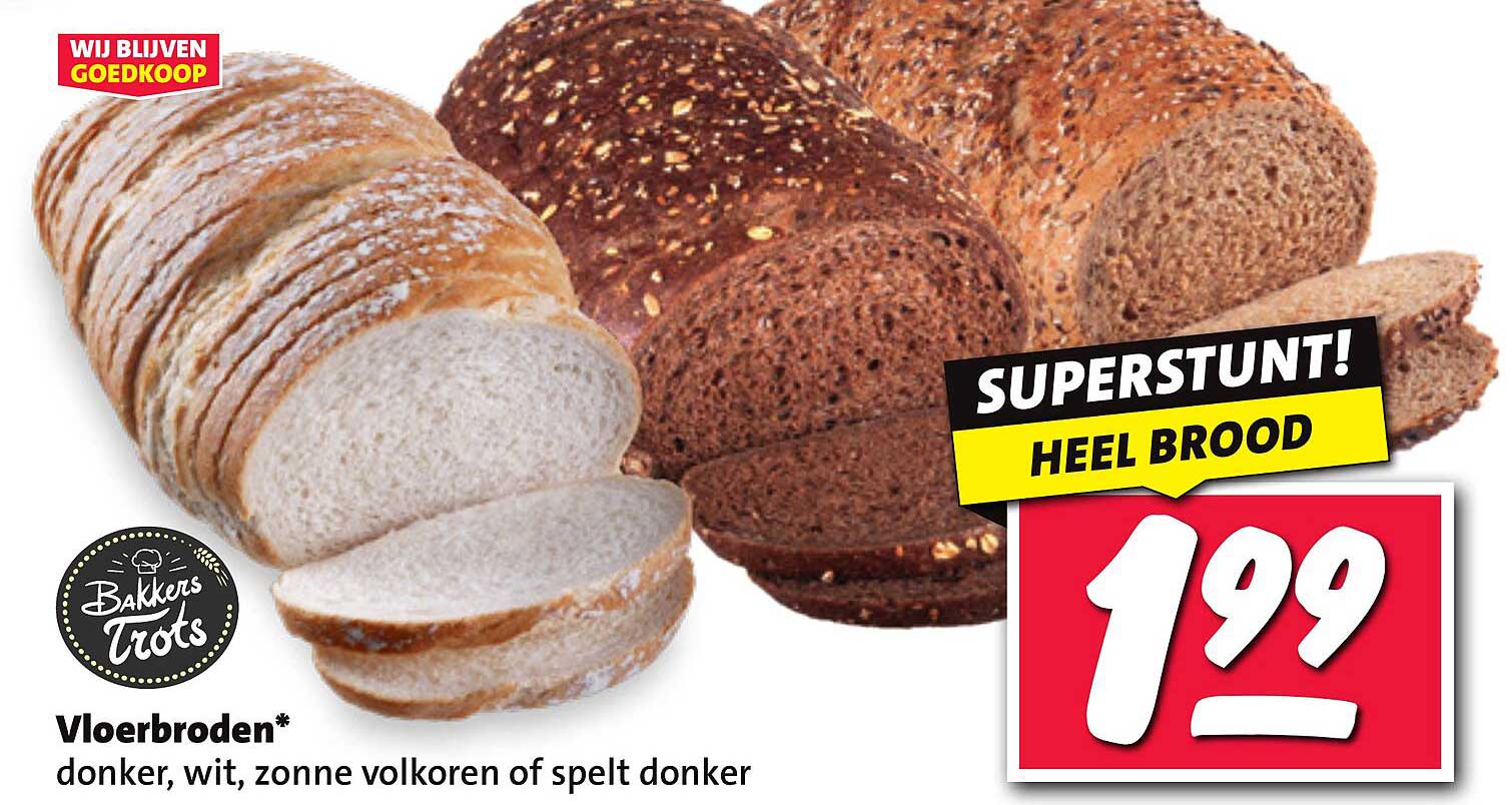 Vloerbroden* donker, wit, zonnebloemvolkoren of spelt donker