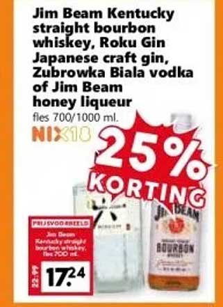 Jim Beam Kentucky straight bourbon whiskey, Roku Gin Japanese craft gin, Zubrowka Biala vodka of Jim Beam honey liqueur