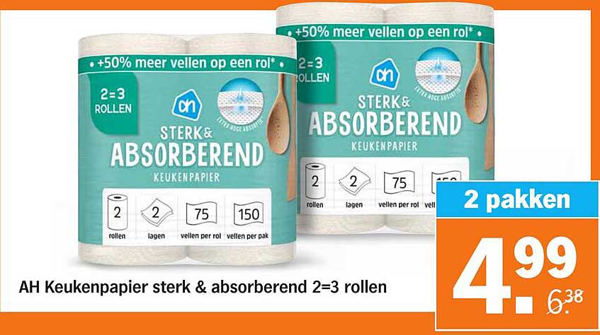 AH Keukenpapier sterk & absorberend 2=3 rollen