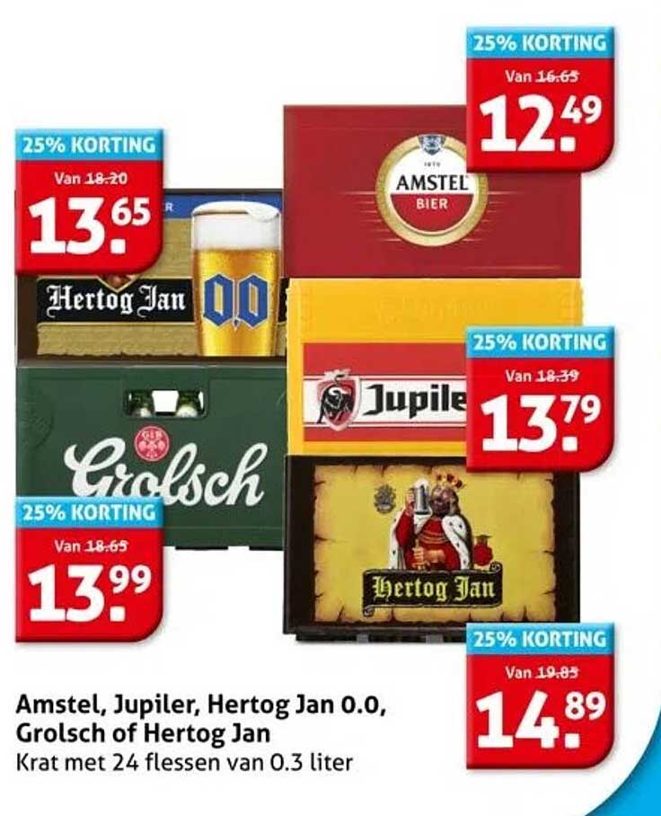 Amstel, Jupiler, Hertog Jan 0.0, Grolsch of Hertog Jan - Krat met 24 flessen van 0.3 liter