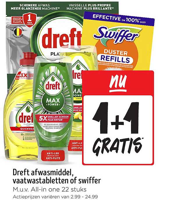 Dreft afwasmiddel, vaatwastabletten of swiffer M.u.v. All-in one 22 stuks
