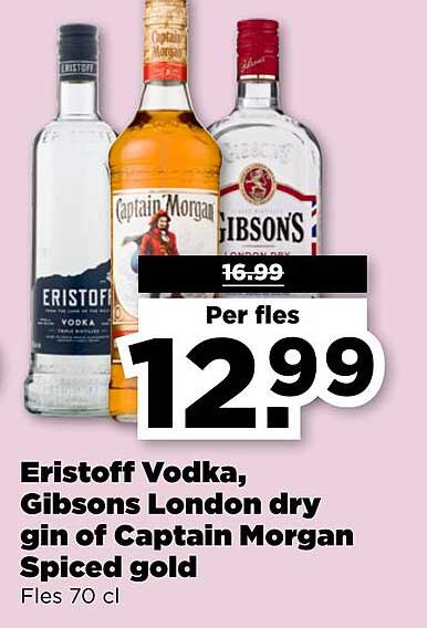 Eristoff Vodka, Gibsons London dry gin of Captain Morgan Spiced gold